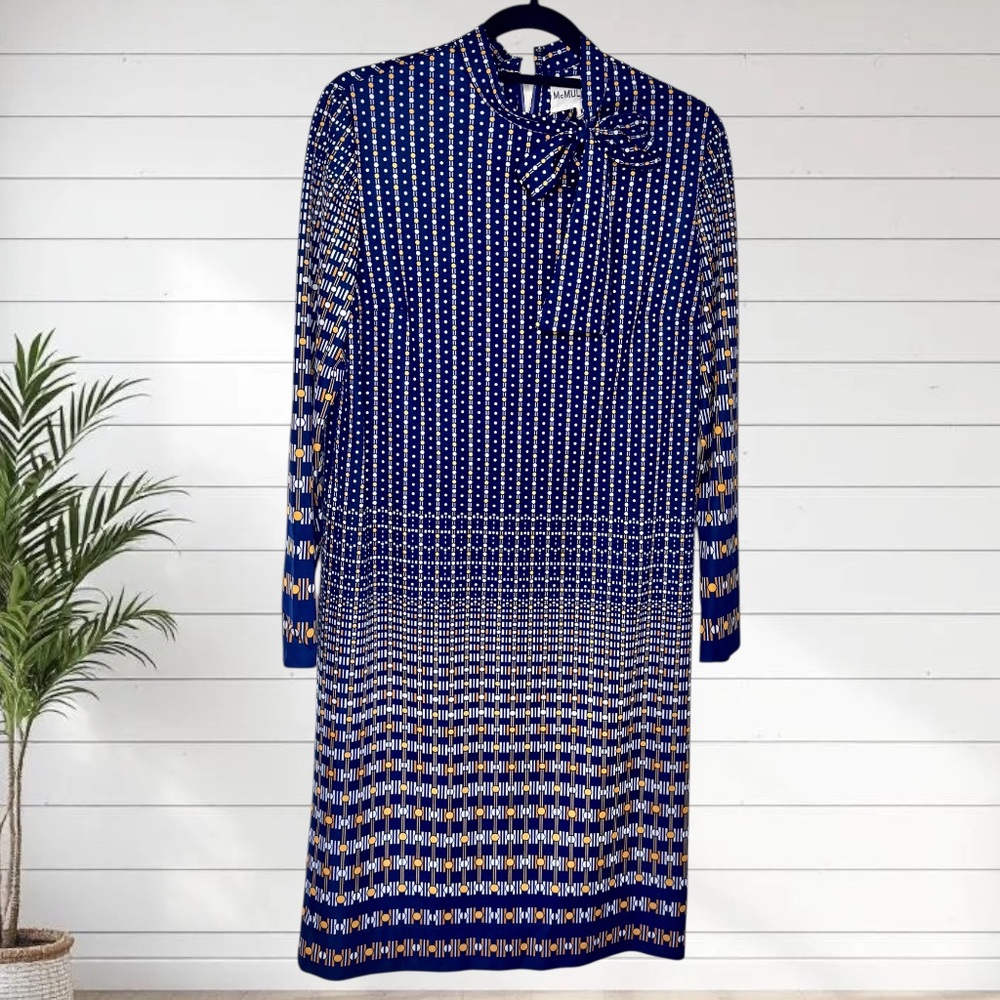 VTG McMullen Shift Dress Polka Dot Neck Tie Blue Gold Mod Retro 16 | 10